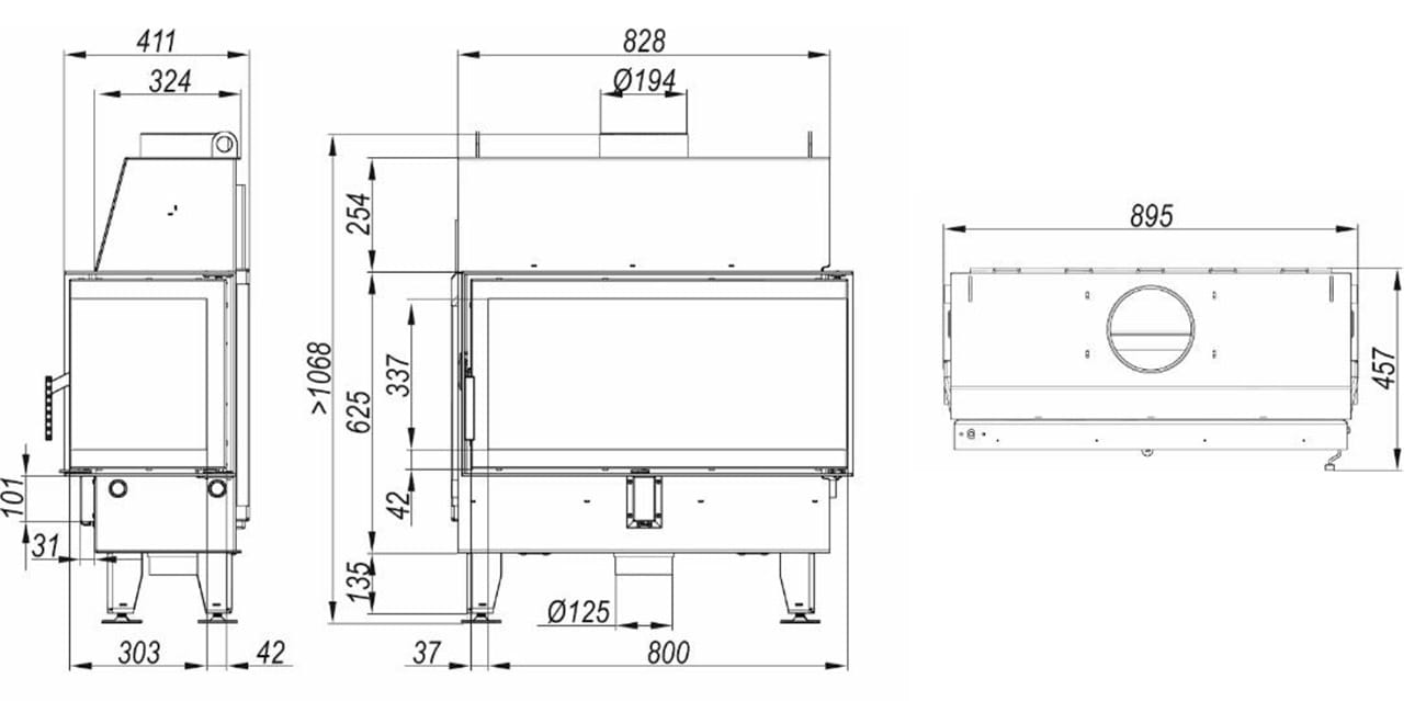 Rysunek techniczny kominka Defro Impuls L BL Lewy 11 kW