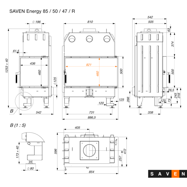 Kominek prawy saven wymiary