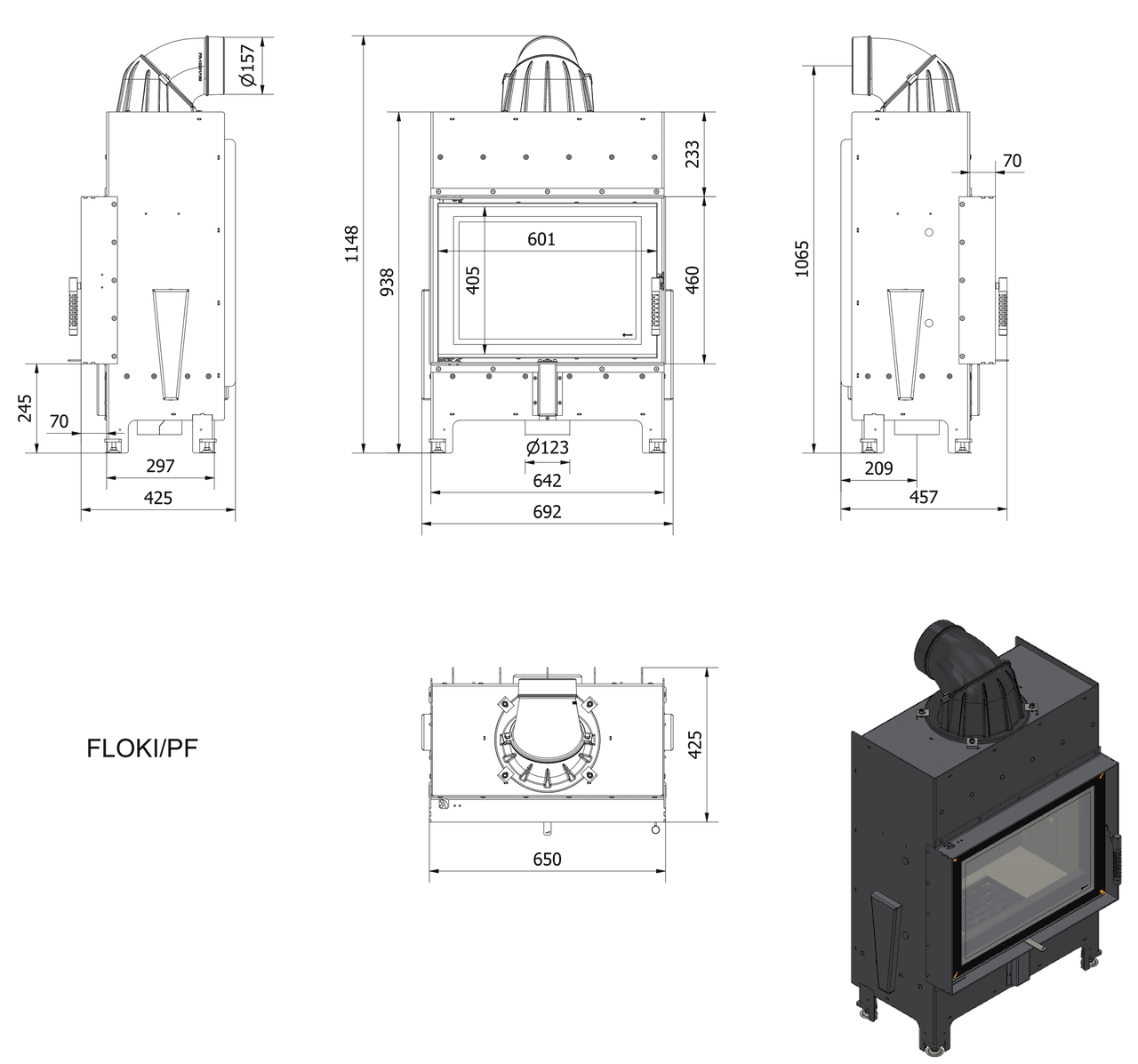 Rysunek techniczny kominka Floki S 8 kW fi 160
