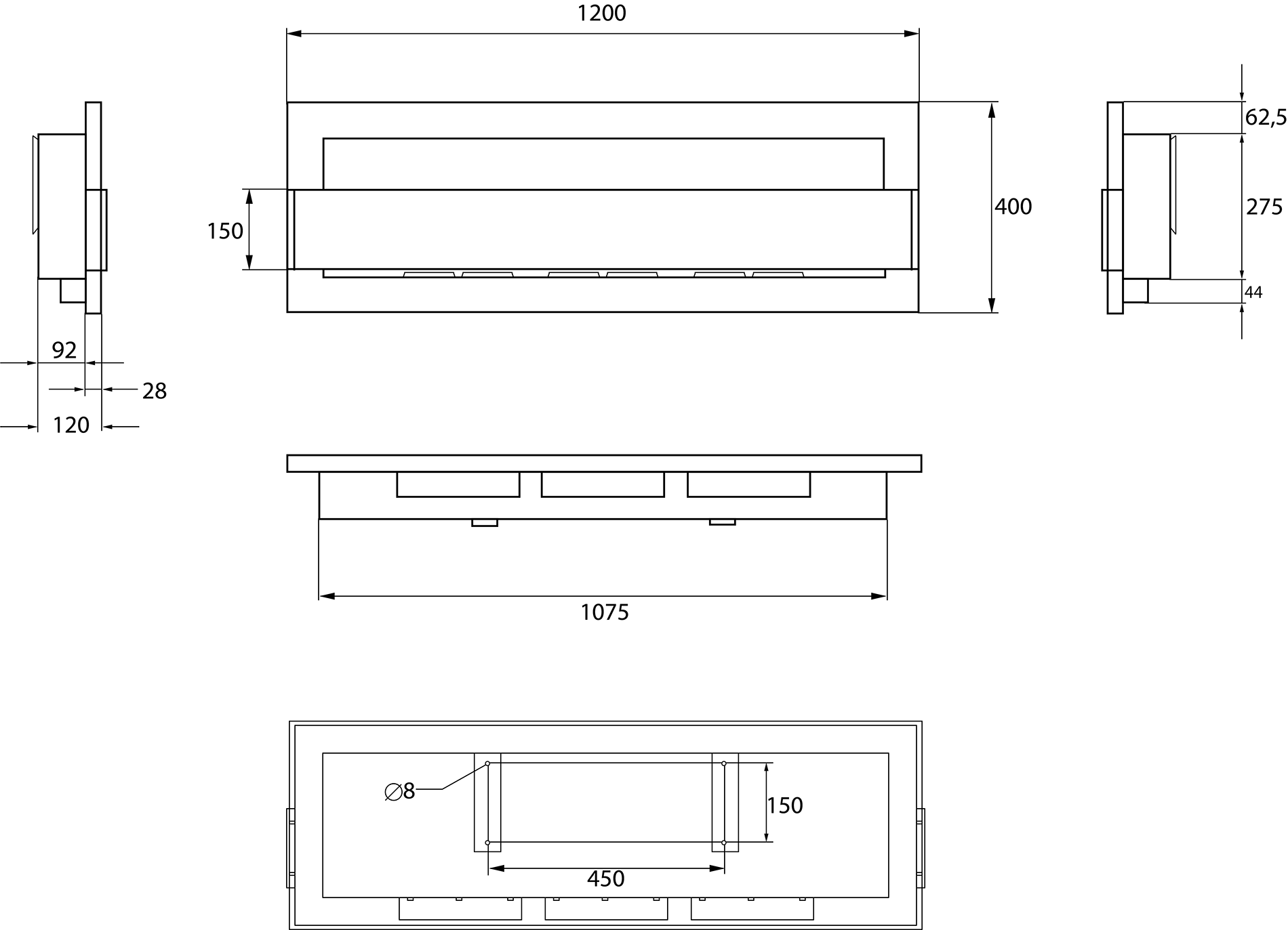 wymiary biokominka 1200x400 wiszącego