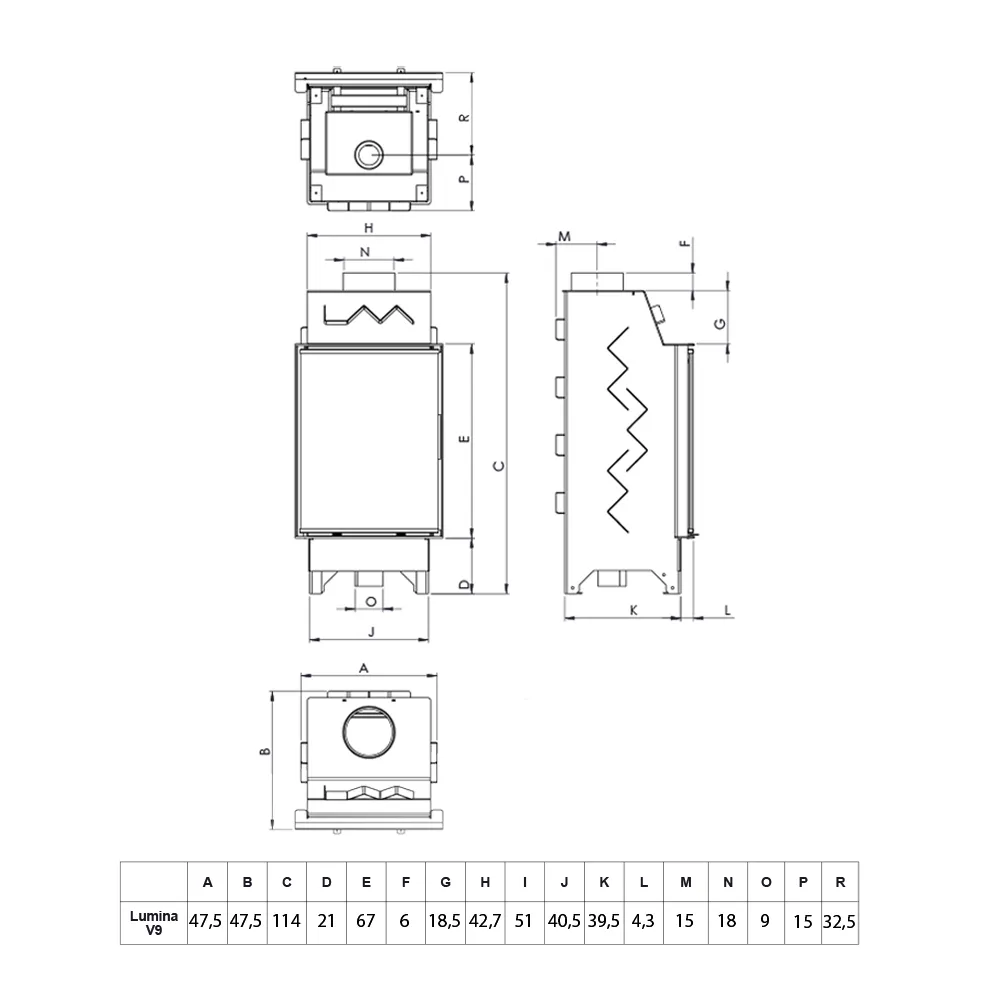 Wymiary kominka Lava Lumina V9