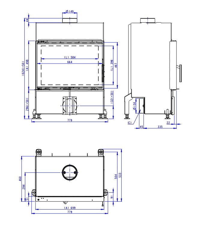 Rysunek wymiarowy kominka Heat