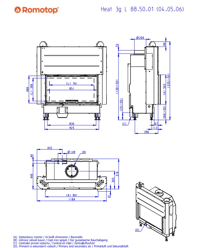 Kominek stalowy Romotop Heat 3G L 88.50.04 z gilotyną - wymiary.jpg