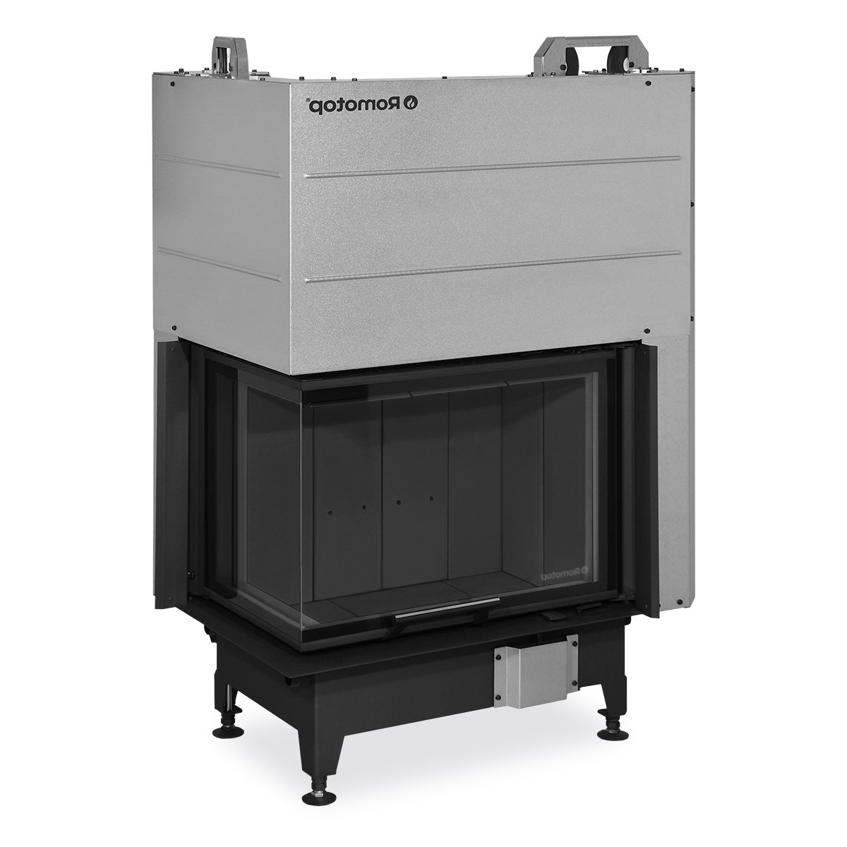Kominek stalowy Romotop Heat L 3G L 65.51.40.24 narożny lewy z gilotyną z ciemnym wyłożeniem paleniska.jpg