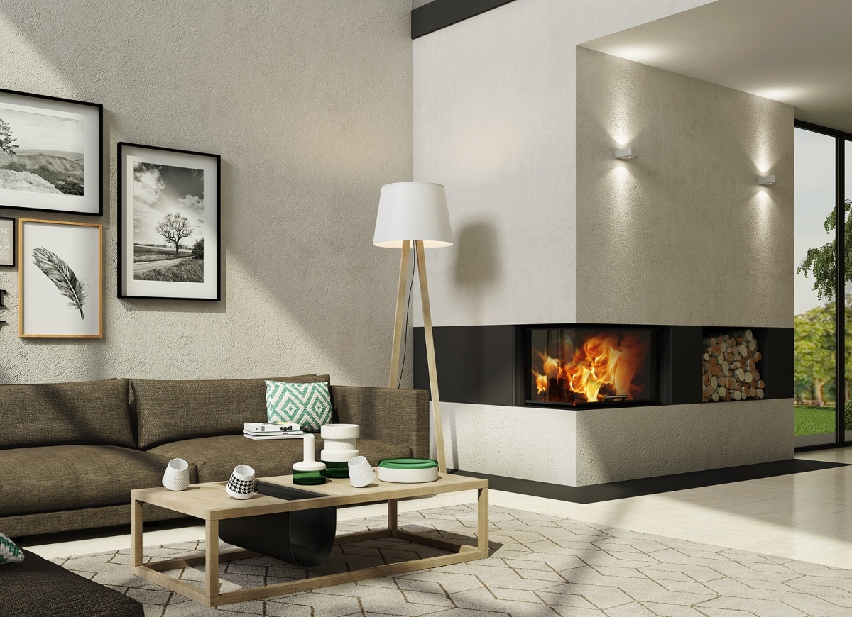 Kominek stalowy Romotop Heat L 3G L 65.51.40.24 narożny lewy z gilotyną w pięknej aranżacji.jpg