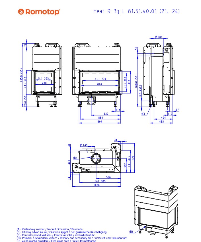 Kominek stalowy Romotop Heat R 3G L 81.51.40.24 narożny prawy z gilotyną - wymiary.jpg