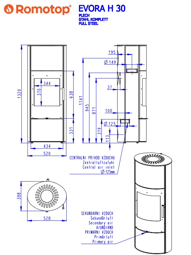 Piec stalowy Romotop Evora H metal - wymiary.jpg
