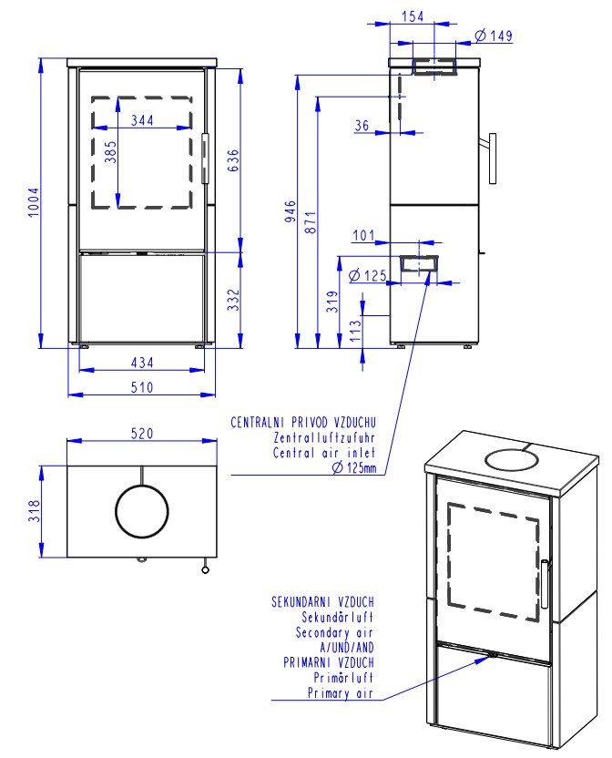 Wymiary piecyka Laredo F Ceramika