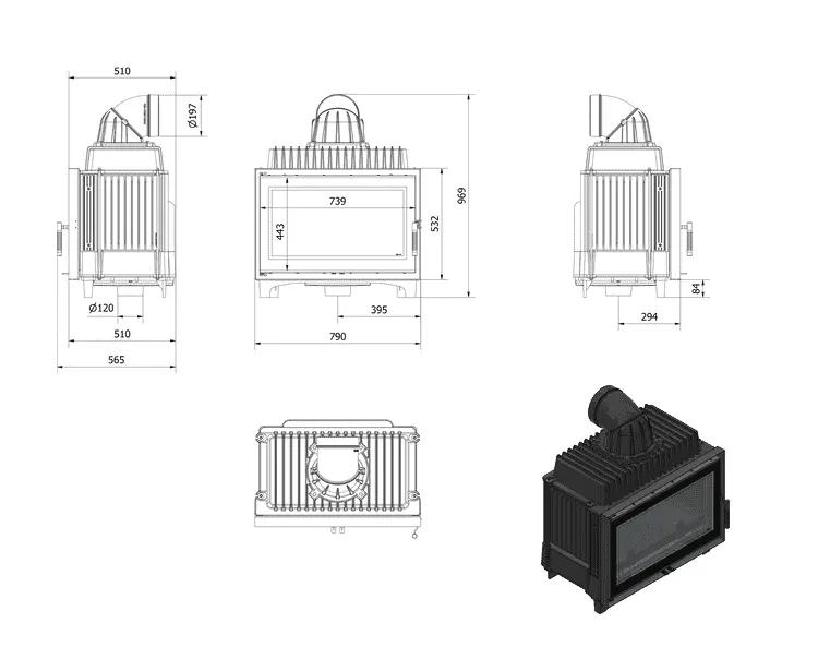 Wymiary kominka Franek Deco 14 kW