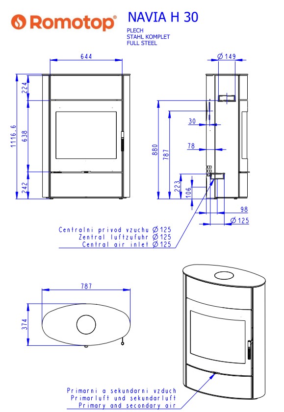 Piec stalowy Romotop Navia H Metal - wymiary