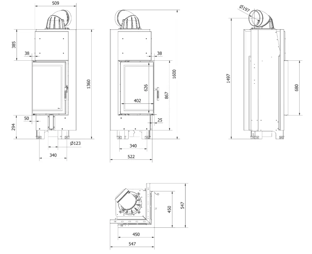 Wymiary kominka stalowego MBN Lewy BS 10 KW