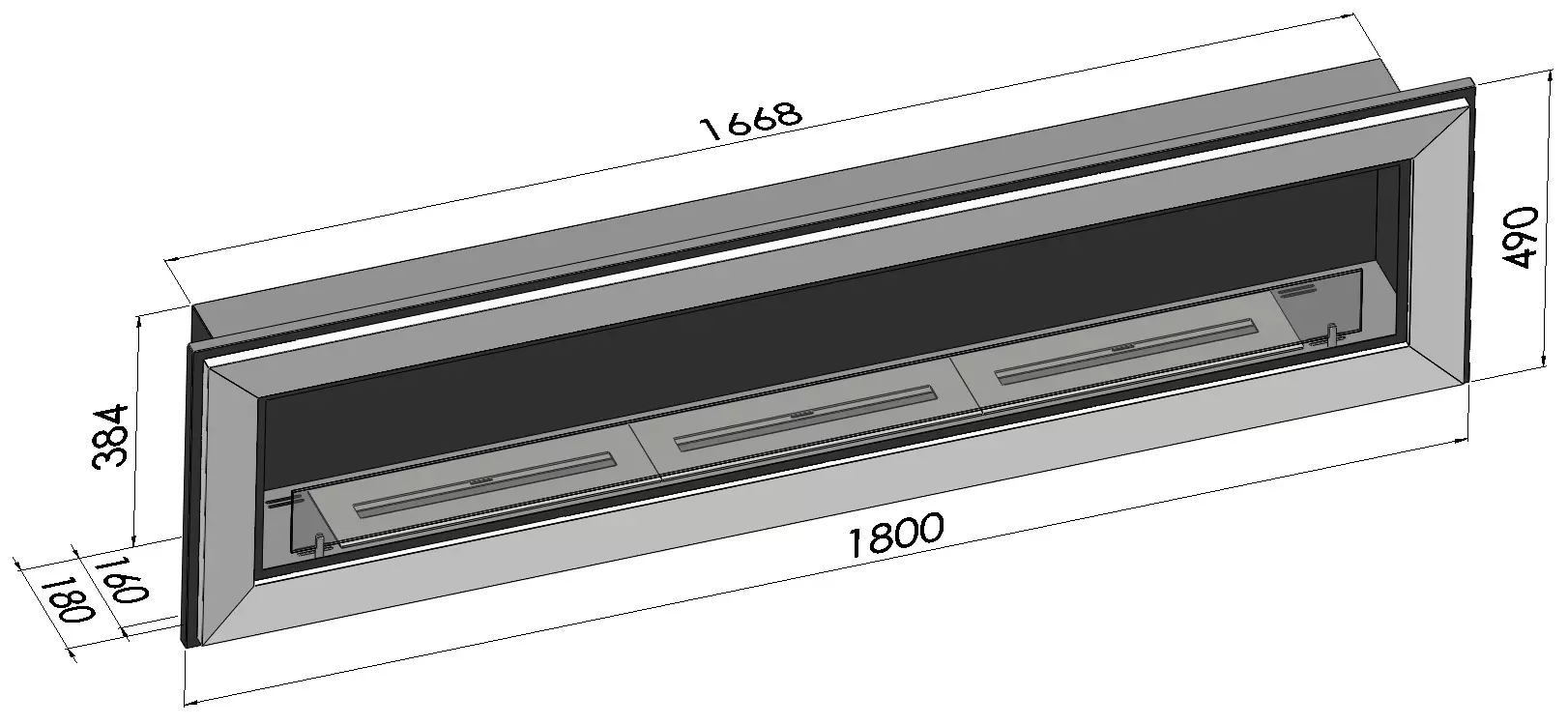 Wymiary biokominka SimpleFire Frame 1800 z szybą