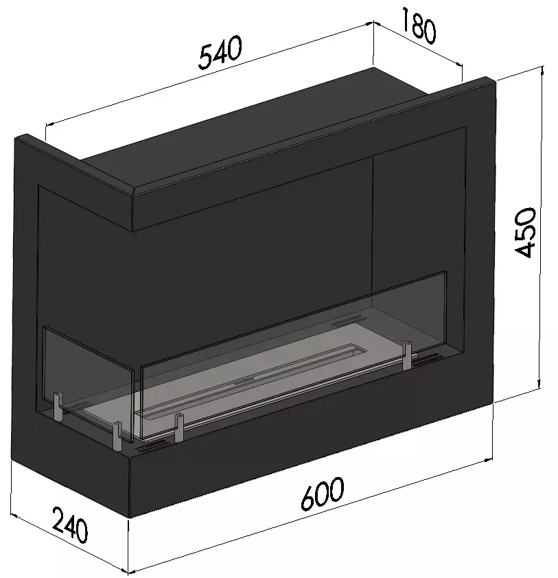 Wymiary biokominka SimpleFire Corner 600 L