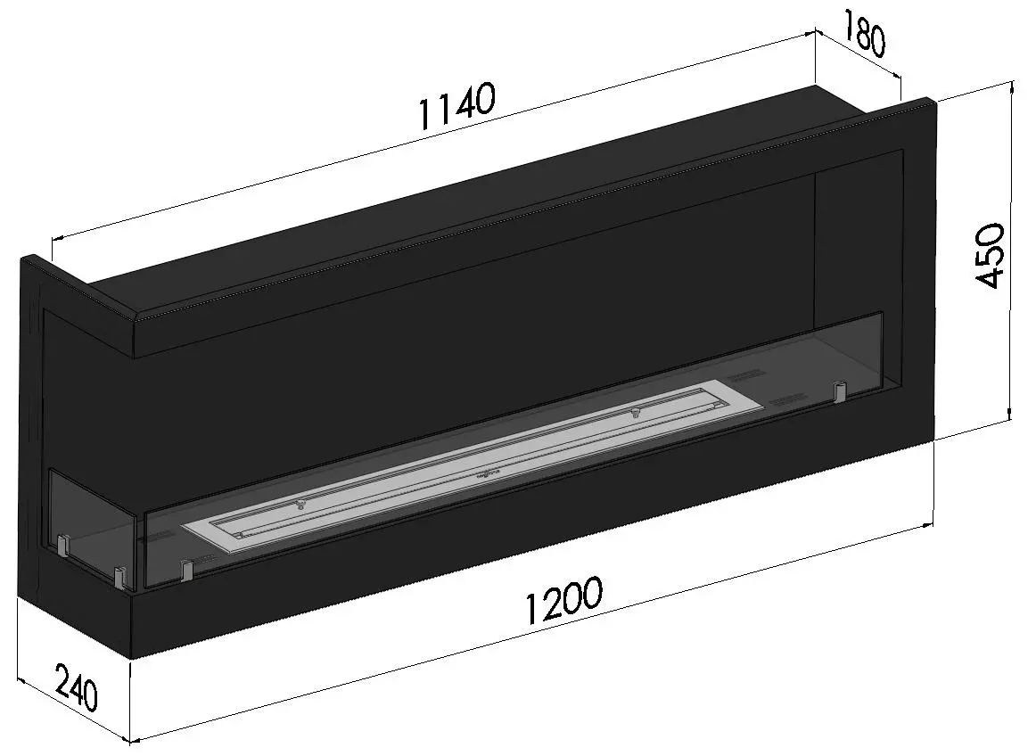 Wymiary biokominka SimpleFire Corner 1200 L z szybami
