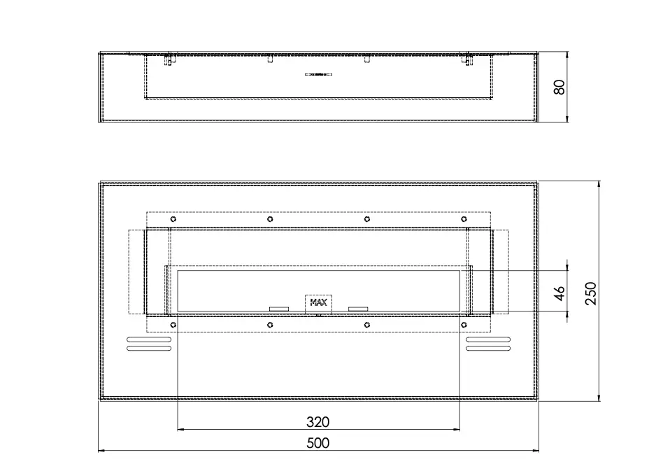 Rysunek technicnzy bio paleniska Infire SimpleBox 500