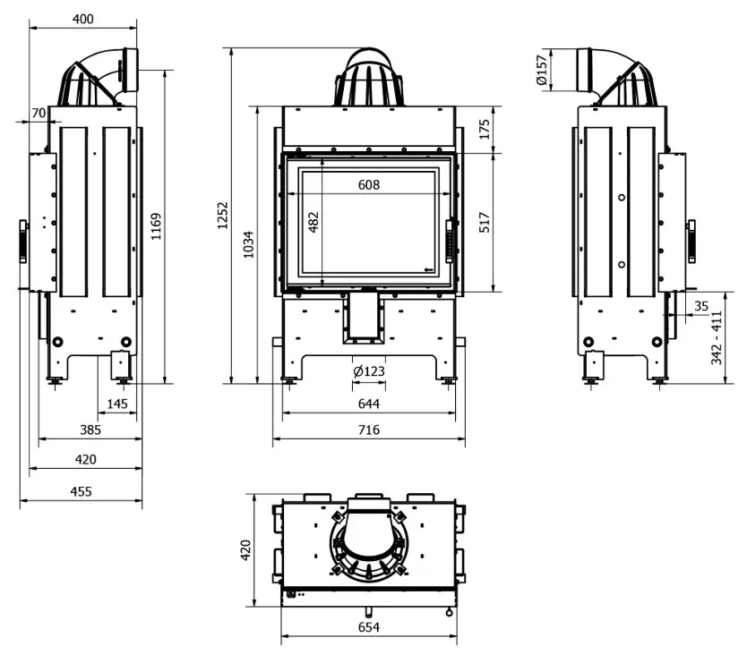 Wymiary kominka Lucy Slim 8 kW