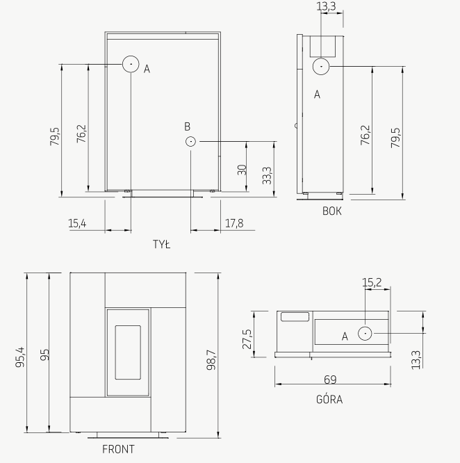 Piec na pelet Cadel Grace 7 kW wymiary